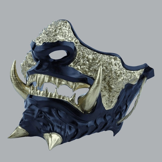 Space Armory Japanese Oni Mask - Glossy Black Gold Fangs / S / Adjustable Elastic Buckle Masks