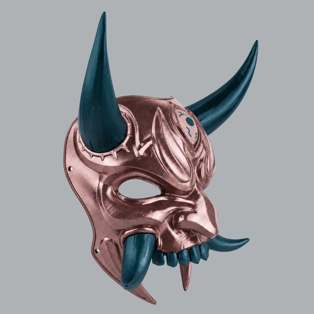 Space Armory Japanese Oni Mask With Horn - Metallic Rose / Dark Teal Masks