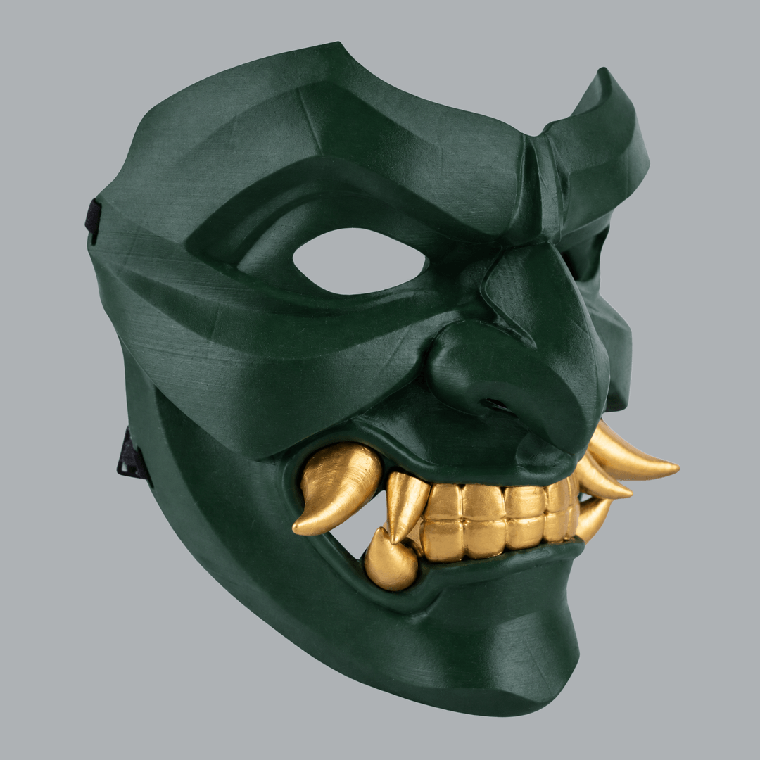 Space Armory Kabuto Mask With Fangs - Deep Forest / Gold Masks