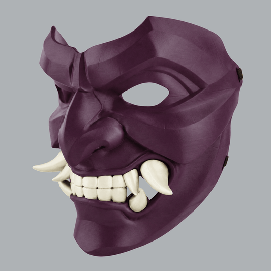 Space Armory Kabuto Mask With Fangs - Deep Purple / Shock White Cream Masks