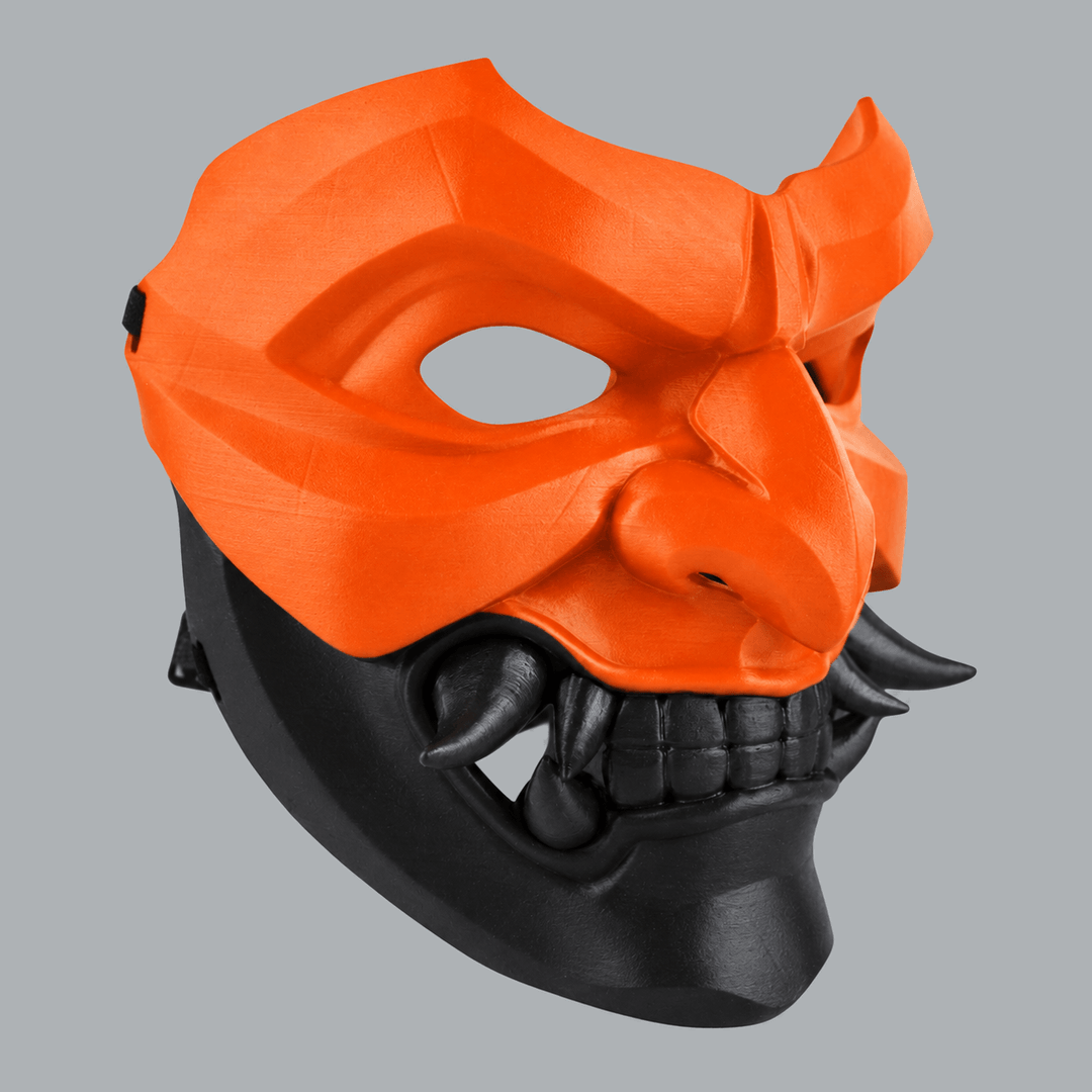 Space Armory Kabuto Mask With Fangs - Pure Orange / Shock Black Masks
