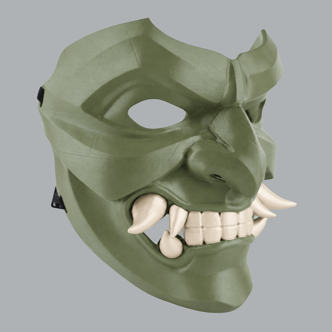 Space Armory Kabuto Mask With Fangs - Reseda / Ivory Masks
