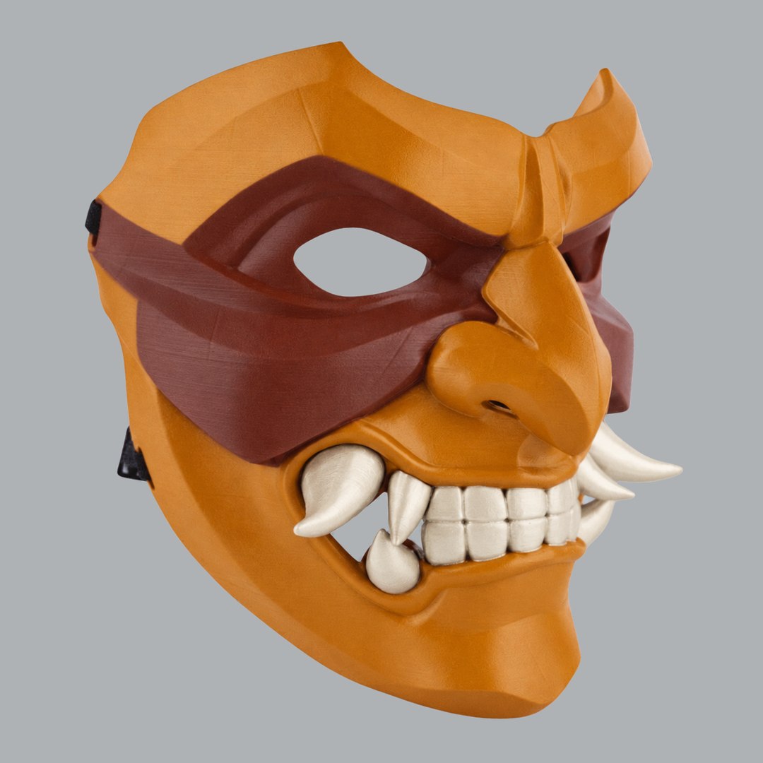 Space Armory Kabuto Mask With Fangs - Topaz / Pecan Nut / Ivory Masks