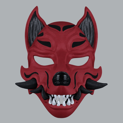 Máscara de zorro Kitsune con colmillos - Cardinal / Negro
