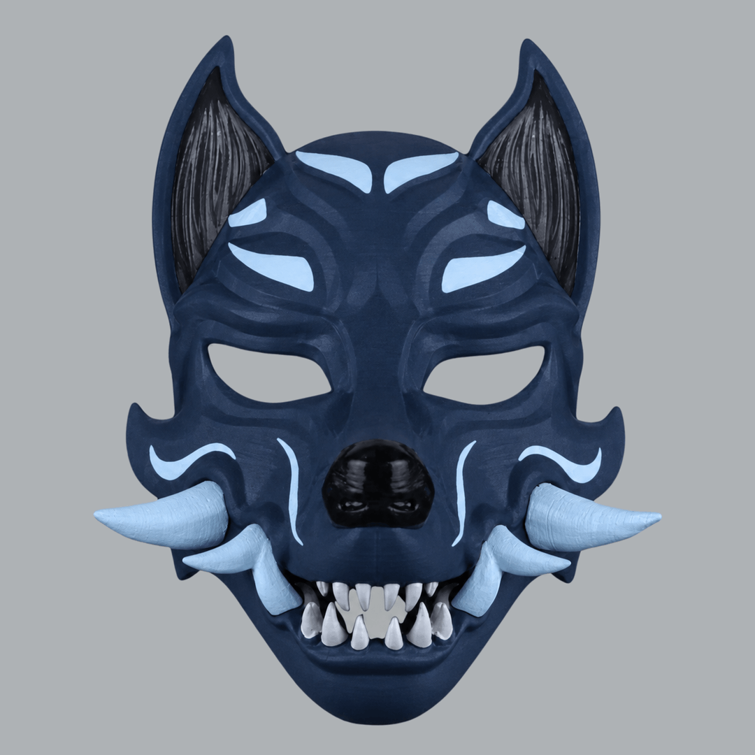Space Armory Kitsune Fox Mask With Fangs - Dark Indigo / Ice Blue Masks