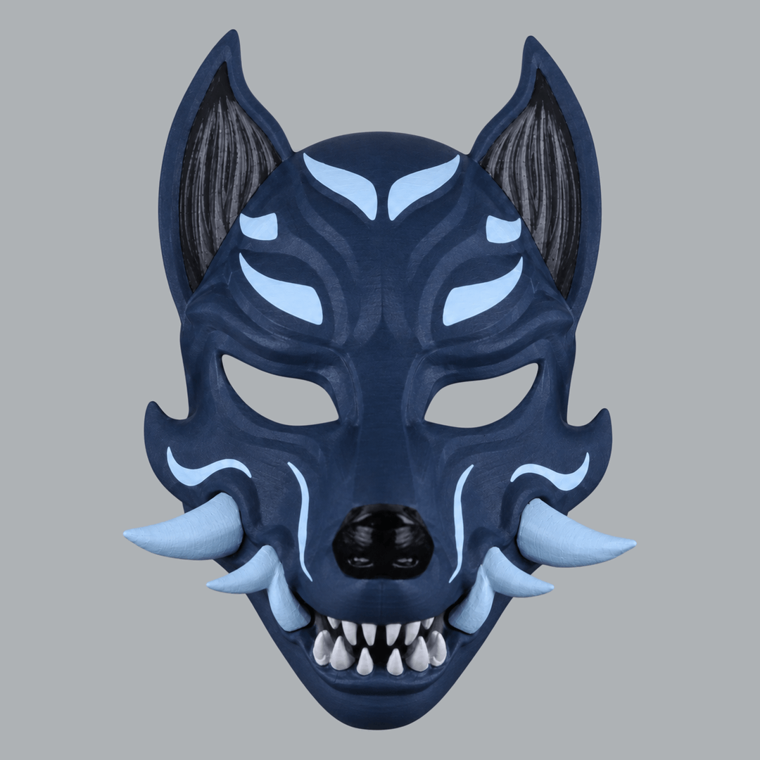 Space Armory Kitsune Fox Mask With Fangs - Dark Indigo / Ice Blue Masks