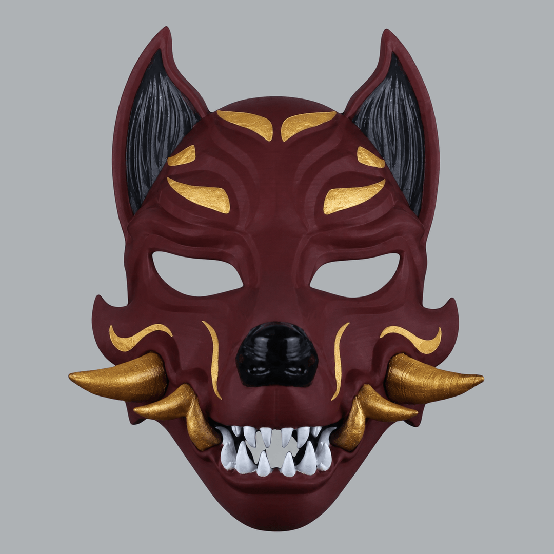 Space Armory Kitsune Fox Mask With Fangs - Merlot / Gold Masks