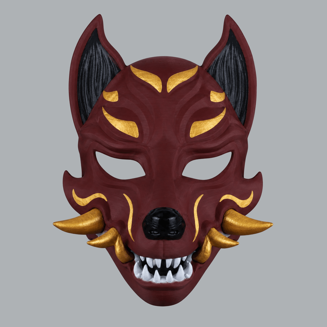 Space Armory Kitsune Fox Mask With Fangs - Merlot / Gold Masks