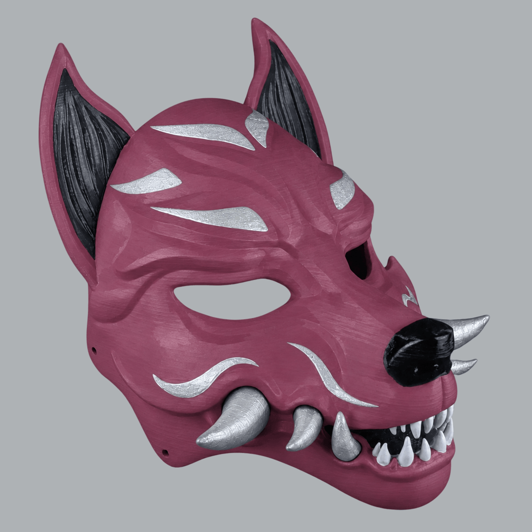 Space Armory Kitsune Fox Mask With Fangs - Plum / Silver Masks
