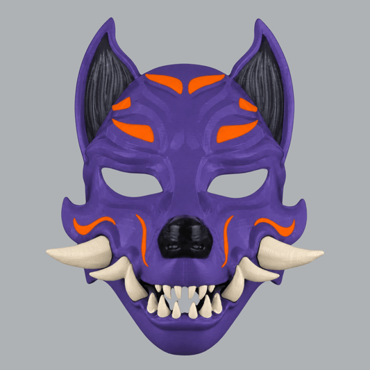 Space Armory Kitsune Fox Mask With Fangs - Royal Purple / Pure Orange / Ivory Masks
