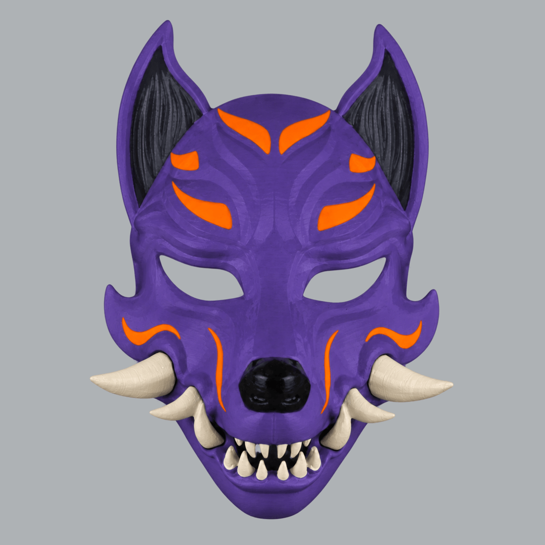 Space Armory Kitsune Fox Mask With Fangs - Royal Purple / Pure Orange / Ivory Masks