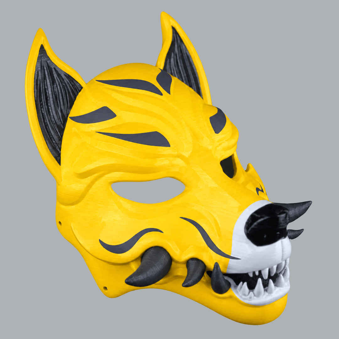 Space Armory Kitsune Fox Mask With Fangs - Yellow / Slate Masks
