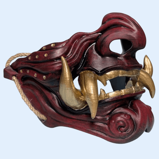 Space Armory Samurai Oni Mask Red Red/Gold Teeth / S / Adjustable Elastic Buckle