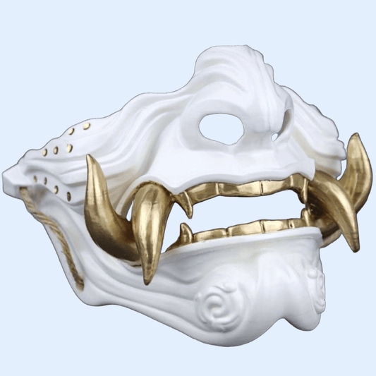 Space Armory Samurai Oni Mask White White/Gold Teeth / S / Adjustable Elastic Buckle