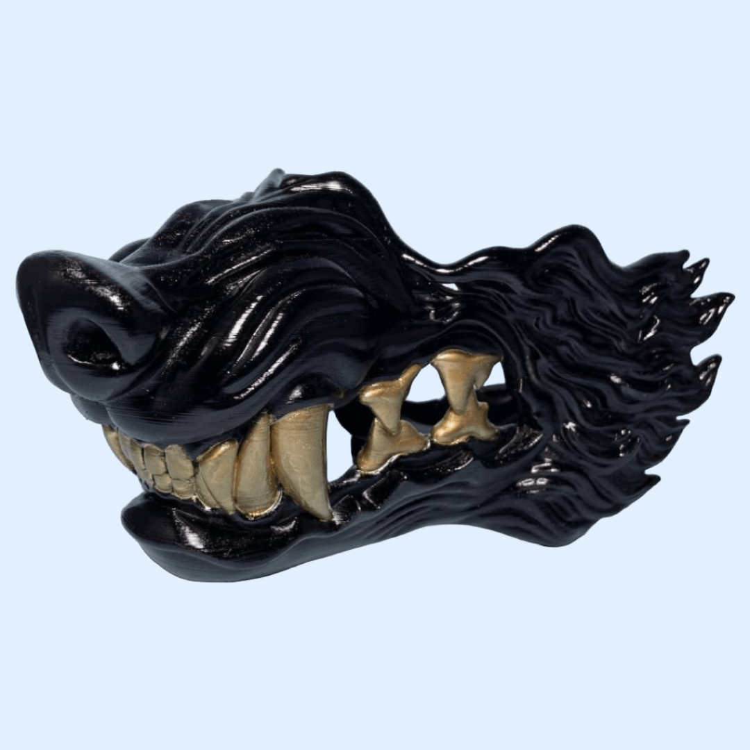 Space Armory Wolf Snarling Animal Face Mask Black Black/Gold Teeth / S